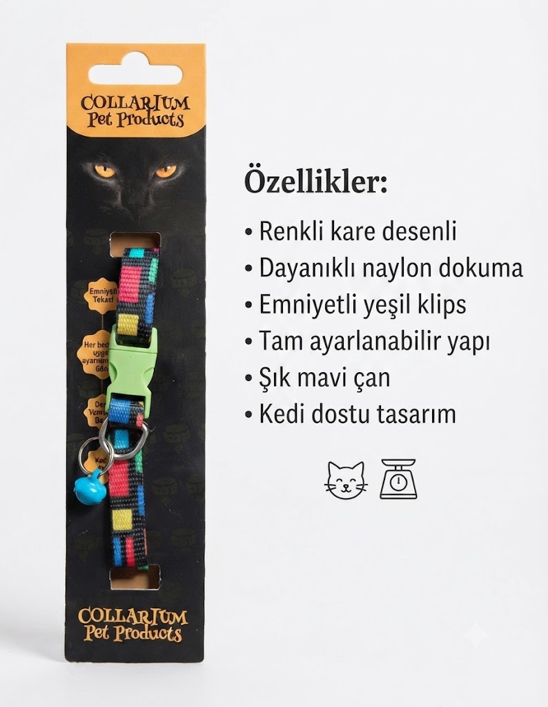 Collarium Pet Products Kare Desenli Emniyet Tokalı Çıncıraklı Kedi Tasması
